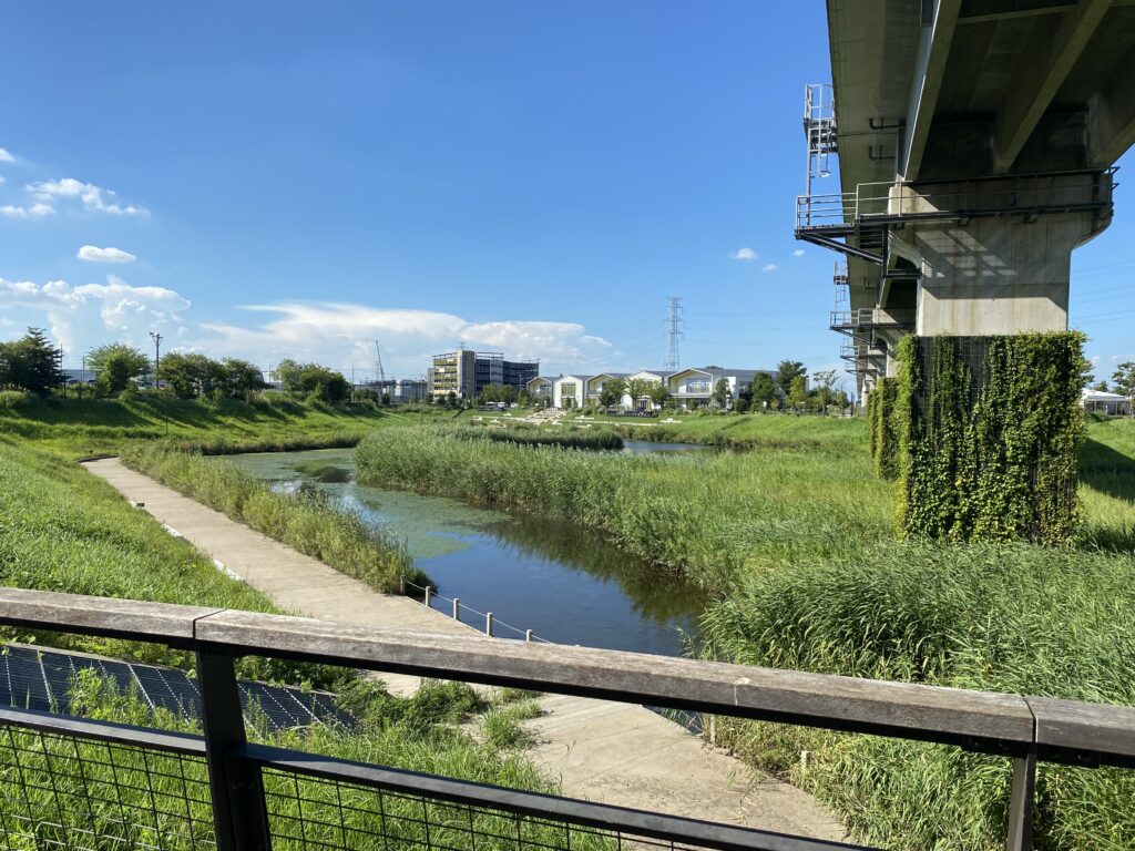 鉄橋の下の水辺のテラス